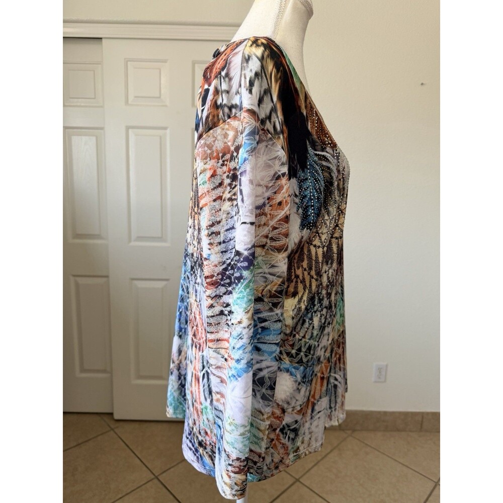 Cactus Women's L Feather Print Tunic Top Long Sleeve Rhinestone Boho Blouse - Picture 4 of 15